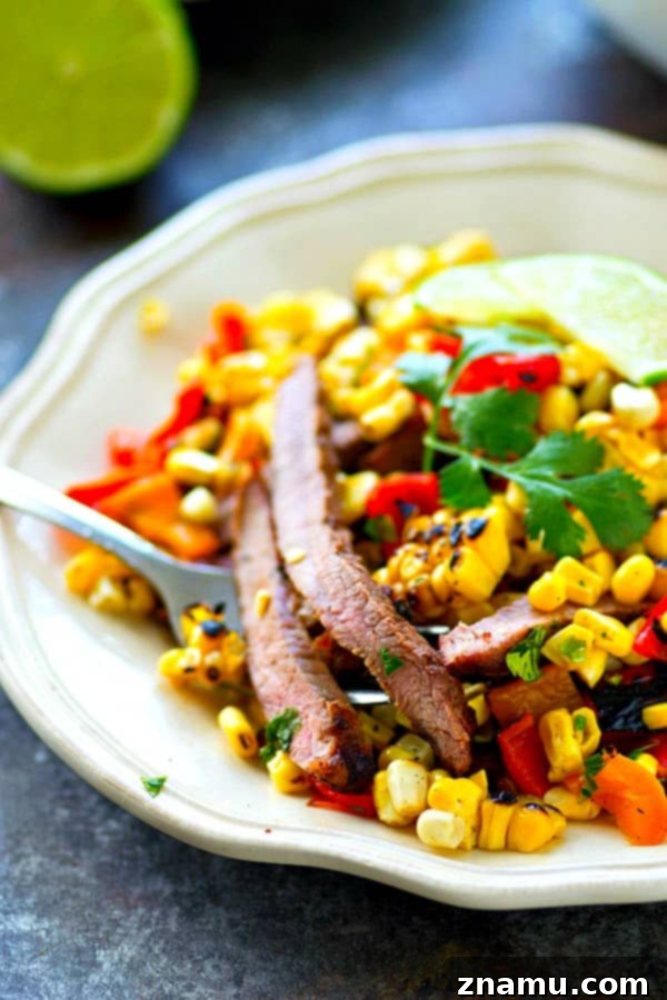 Fire-Kissed Skirt Steak with Sweet Corn and Bell Pepper Relish 6 Juicy grilled skirt steak is piled high with a flavorful charred corn sweet pepper salsa and is hands down the BEST summer steak dinner you'll ever have!