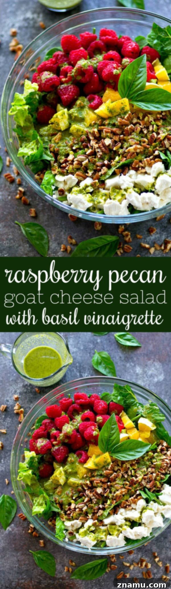 Ingredients for the Raspberry Pecan Goat Cheese Salad and basil vinaigrette laid out on a rustic wooden surface, highlighting freshness.