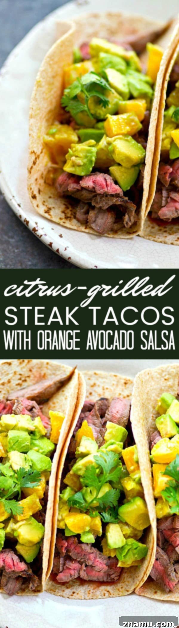 A beautifully arranged serving of citrus grilled flank steak tacos with orange avocado salsa and fresh limes.