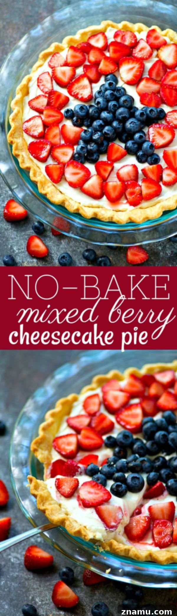 Luscious No-Bake Mixed Berry Cheesecake Pie 7 This no-bake mixed berry cheesecake pie is a perfect last-minute 4th of July dessert! It's SO easy to throw together in minutes and is always a major crowd-pleaser!