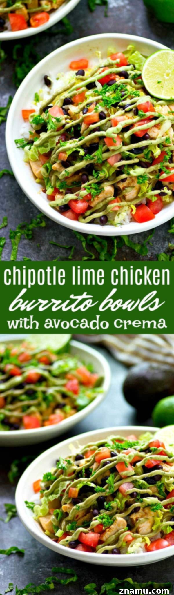 A beautifully presented Chipotle Lime Chicken Burrito Bowl, brimming with all its ingredients and ready to be enjoyed, captured from a slightly elevated angle.
