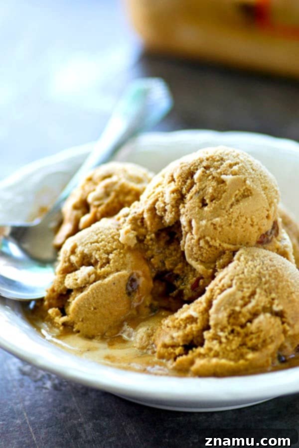 Close-up of creamy coffee ice cream with visible streaks of golden homemade caramel throughout, perfect for a luxurious dessert.