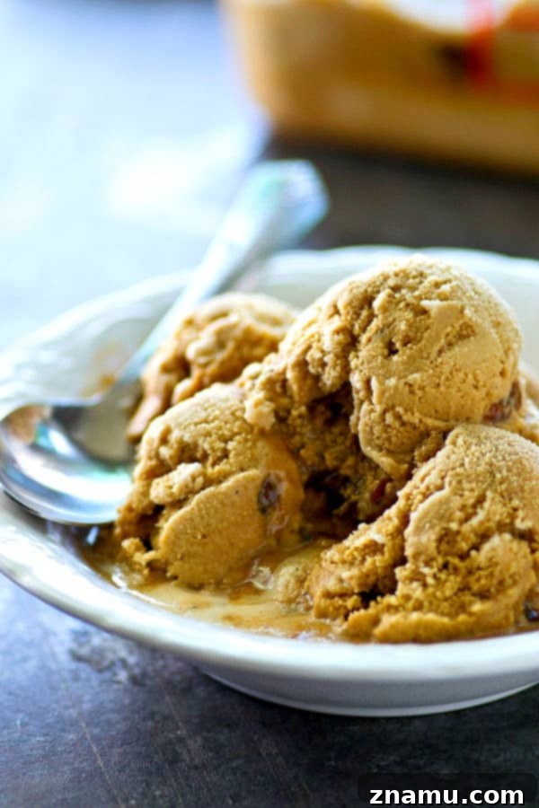 A bowl of creamy, light brown coffee ice cream with streaks of dark caramel, ready to be enjoyed as a cool summer treat.