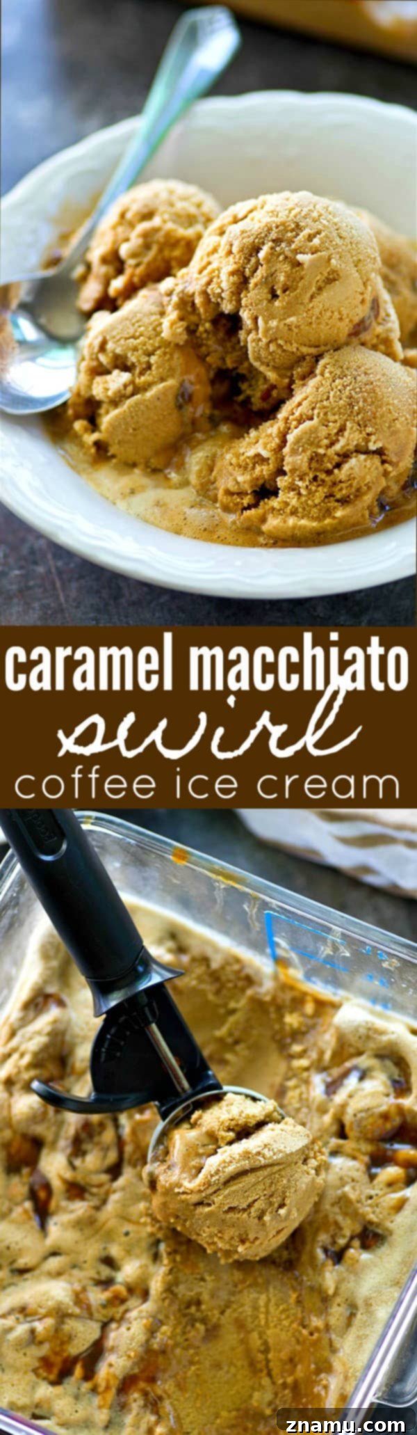 A large scoop of caramel macchiato swirl coffee ice cream in a bowl, topped with extra caramel drizzle.