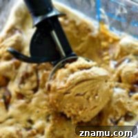 Creamy coffee ice cream with a rich caramel swirl, inspired by a macchiato.
