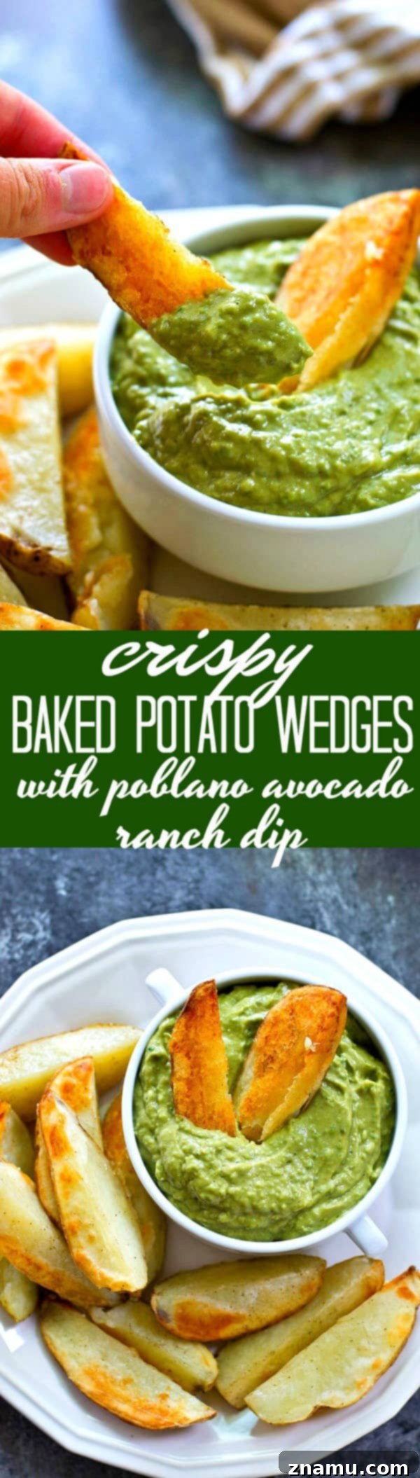 Golden Crispy Wedges with Creamy Poblano Avocado Ranch 7 Overhead shot of a full plate of crispy baked potato wedges with a generous side of homemade dip
