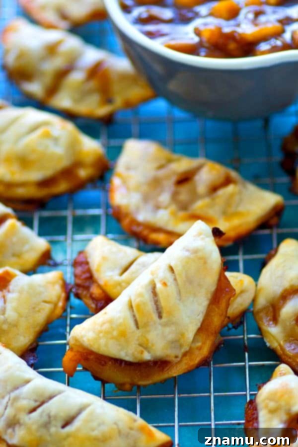 Sweet Summer Peach Pockets 3 Three golden brown mini peach hand pies arranged artfully on a light background, highlighting their rustic charm and delicious appearance.