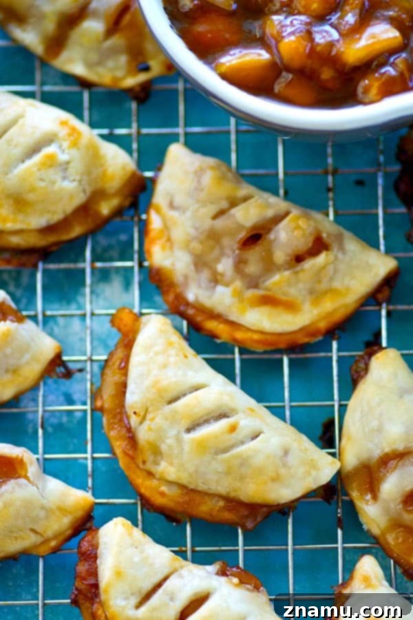 Sweet Summer Peach Pockets 4 A stack of two freshly baked mini peach hand pies, with one pie slightly tilted to reveal the luscious peach filling inside, against a clean backdrop.