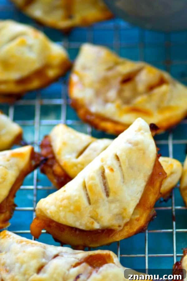 Sweet Summer Peach Pockets 6 A freshly baked mini peach hand pie, with visible slashes on its golden crust, revealing the warm, bubbly peach filling inside.