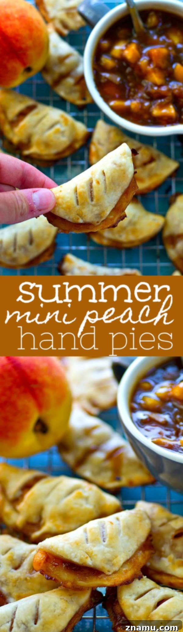 Sweet Summer Peach Pockets 7 An overhead shot of several baked mini peach hand pies arranged on a cooling rack, some with slashes, invitingly golden and ready to be enjoyed.
