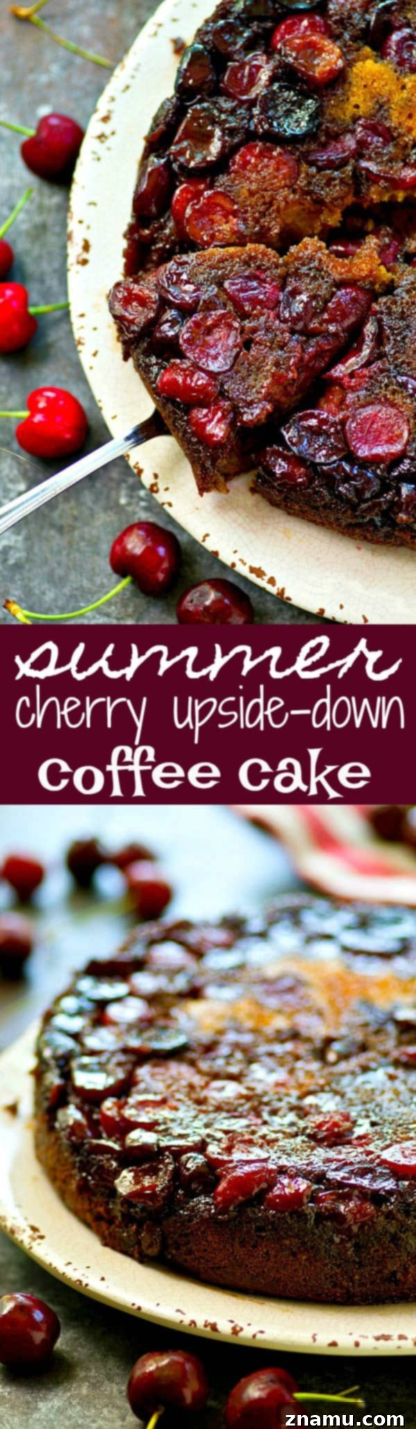 Juicy Cherry Upside-Down Morning Cake 6 Close-up of a fresh slice of cherry upside-down coffee cake