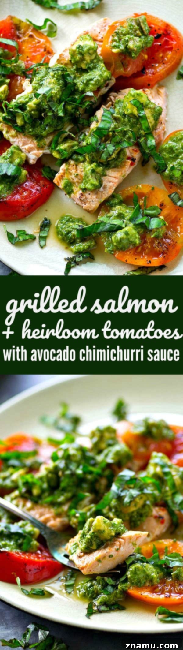Grilled Salmon with a Medley of Heirloom Tomatoes and Zesty Avocado Chimichurri 7 A complete plate of grilled salmon and heirloom tomatoes with a large portion of avocado chimichurri.
