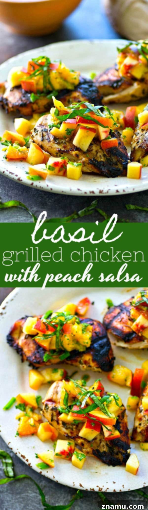 This juicy grilled chicken is marinated in the most flavorful basil sauce and a fresh peach salsa piled on top brings out all the best summer flavors! --- Let the chicken slowly marinate overnight for the best results.