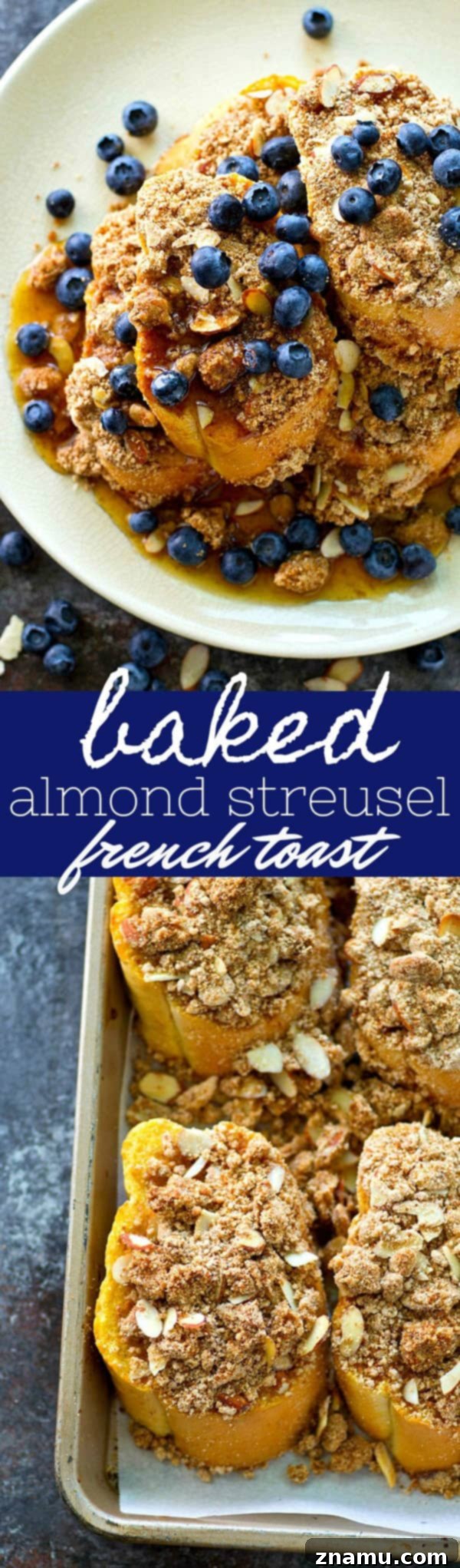 Decadent Baked Almond Streusel French Toast 7 Close-up overhead view of the golden-brown baked almond streusel French toast.