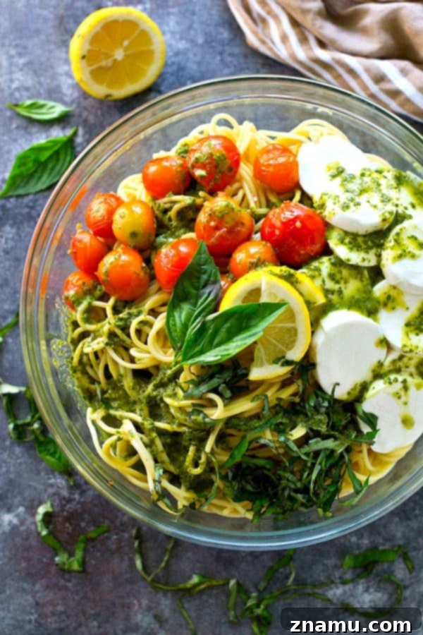 Charred Tomato and Mozzarella Spaghetti with Bright Lemon Basil Dressing 2 Juicy charred tomatoes, soft mozzarella cheese, and tons of flavorful lemon basil dressing make this spaghetti salad the ultimate summer side that you'll find yourself making again and again.
