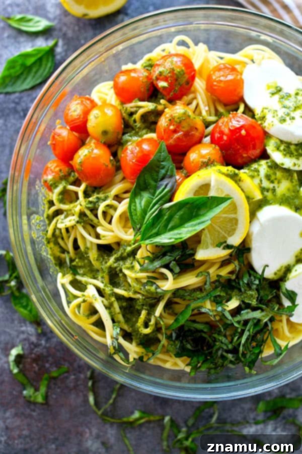 Charred Tomato and Mozzarella Spaghetti with Bright Lemon Basil Dressing 5 Juicy charred tomatoes, soft mozzarella cheese, and tons of flavorful lemon basil dressing make this spaghetti salad the ultimate summer side that you'll find yourself making again and again.