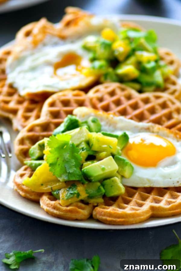 Savory Cornmeal Cheddar Waffles with Fried Eggs and Zesty Avocado Pico 3 Light and crispy cornmeal cheddar waffles are topped with a beautiful fried egg and tons of avocado pico de gallo for the BEST savory twist on waffles you'll ever have!