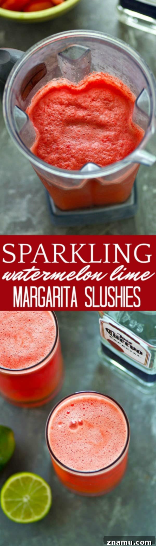 Bubbly Watermelon Lime Margarita Slush 6 An inviting overhead view of several Sparkling Watermelon Lime Margarita Slushies, artfully presented alongside fresh watermelon wedges, inviting guests to indulge.