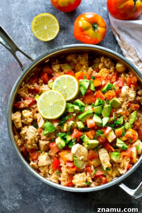 Fiesta Chicken and Rice Skillet 5 A beautifully presented serving of the Mexican chicken and rice, adorned with fresh avocado, diced tomato, and lime wedges.