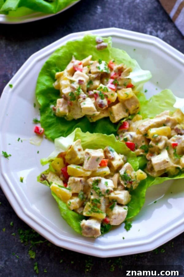 Sweet & Crunchy Pineapple Pecan Chicken Wraps 2 Freshly prepared Pineapple Pecan Chicken Salad Lettuce Wraps arranged beautifully on a plate.