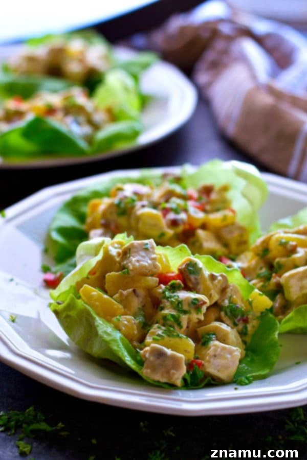 Sweet & Crunchy Pineapple Pecan Chicken Wraps 5 A single, perfectly assembled Pineapple Pecan Chicken Salad Lettuce Wrap, ready to eat.