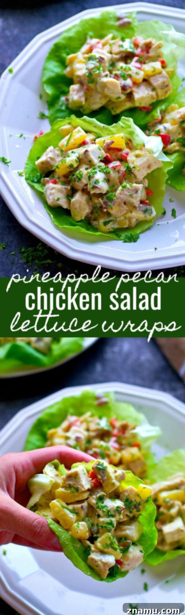 Sweet & Crunchy Pineapple Pecan Chicken Wraps 6 An appetizing overhead shot of multiple Pineapple Pecan Chicken Salad Lettuce Wraps on a rustic board.