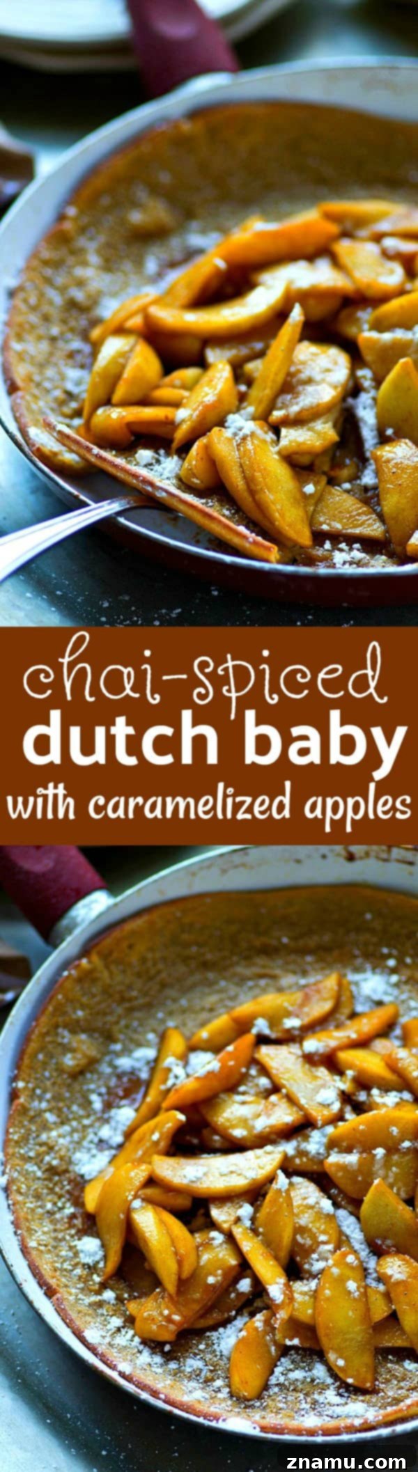 Caramel Apple Chai Puff 6 Buttery chai-spiced dutch baby is filled with tons of sweet caramelized apples for the easiest and most indulgent breakfast you'll ever make this fall!