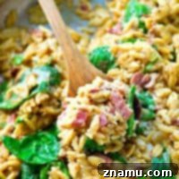 Creamy One-Pot Cheesy Spinach Bacon Orzo 7 This cheesy spinach bacon orzo is everyone's favorite weeknight comfort food and nobody will ever guess it's made in ONE pot in less than 30 minutes!