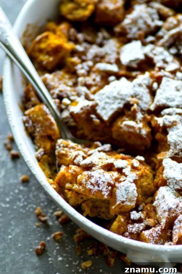 Autumn Pumpkin Spice Latte Bread Pudding 4 A top-down view of the freshly baked Pumpkin Spice Latte Bread Pudding, golden brown and inviting.
