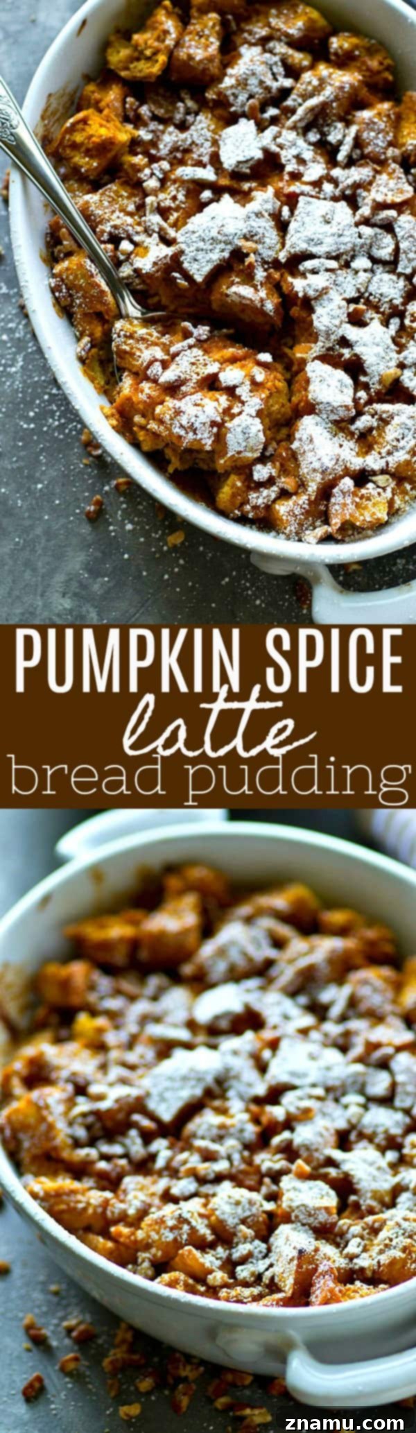 Autumn Pumpkin Spice Latte Bread Pudding 6 A generous slice of Pumpkin Spice Latte Bread Pudding, showcasing its moist texture and powdered sugar topping.