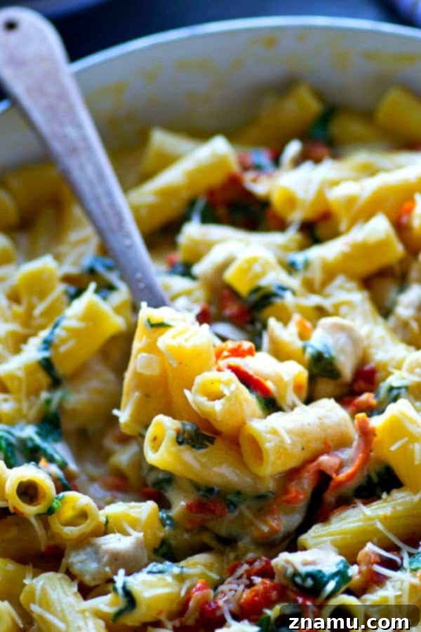 Tuscan Chicken Alfredo with Sun-Dried Tomatoes and Spinach 2 A beautifully presented One-Pot Sun-Dried Tomato Spinach Chicken Pasta Alfredo, highlighting creamy sauce, tender chicken, fresh spinach, and vibrant sun-dried tomatoes.