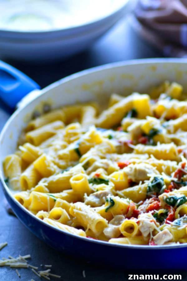 Tuscan Chicken Alfredo with Sun-Dried Tomatoes and Spinach 3 Close-up of a spoonful of creamy One-Pot Chicken Pasta Alfredo, showing the rich sauce clinging to rigatoni, pieces of chicken, and vibrant green spinach.