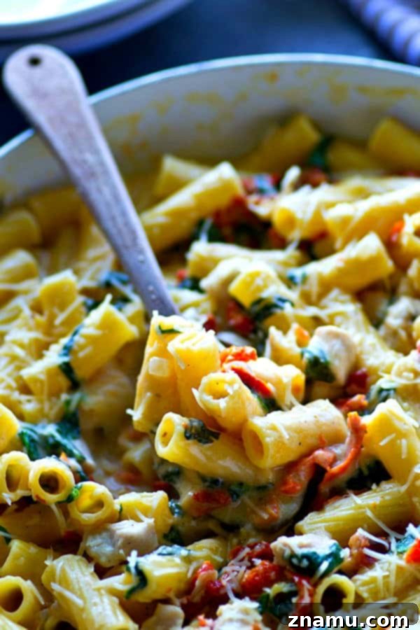 Tuscan Chicken Alfredo with Sun-Dried Tomatoes and Spinach 4 A Dutch oven filled with bubbling One-Pot Chicken Pasta Alfredo, showing the pasta cooking in the creamy sauce with chicken, spinach, and sun-dried tomatoes visible.