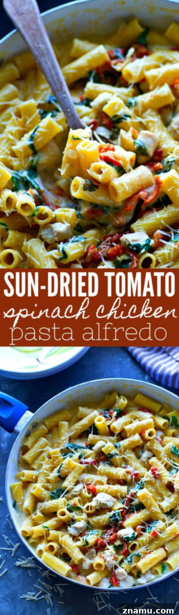 Tuscan Chicken Alfredo with Sun-Dried Tomatoes and Spinach 6 Overhead shot of a large pot of One-Pot Sun-Dried Tomato Spinach Chicken Pasta Alfredo, ready to be served, showing the abundant ingredients.