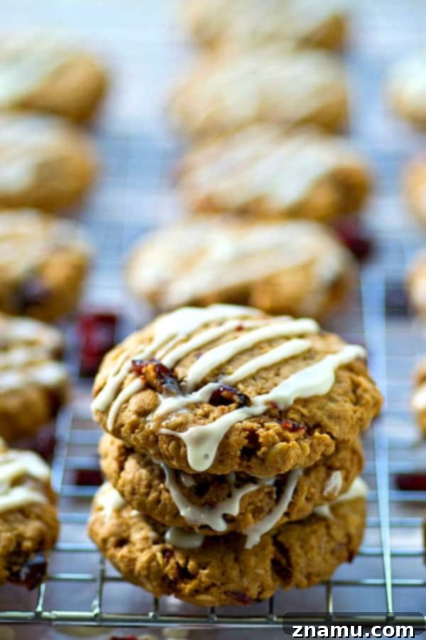 Chai Glazed Cranberry Oatmeal Cookies 3 Close-up of freshly baked Glazed Chai Spice Oatmeal Cranberry Cookies, perfectly golden with a generous drizzle of vanilla glaze.
