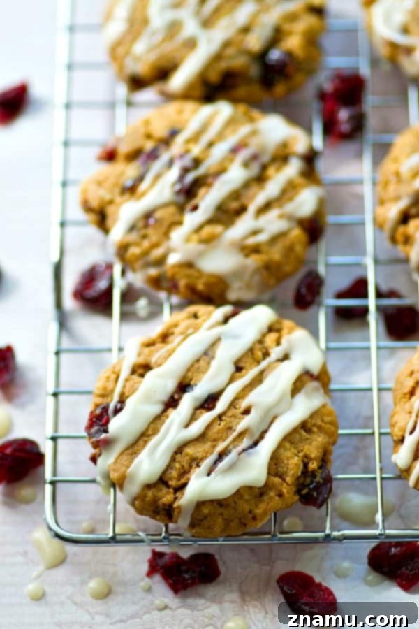 Chai Glazed Cranberry Oatmeal Cookies 4 A stack of warm Glazed Chai Spice Oatmeal Cranberry Cookies, showing their inviting texture and generous cranberry content.