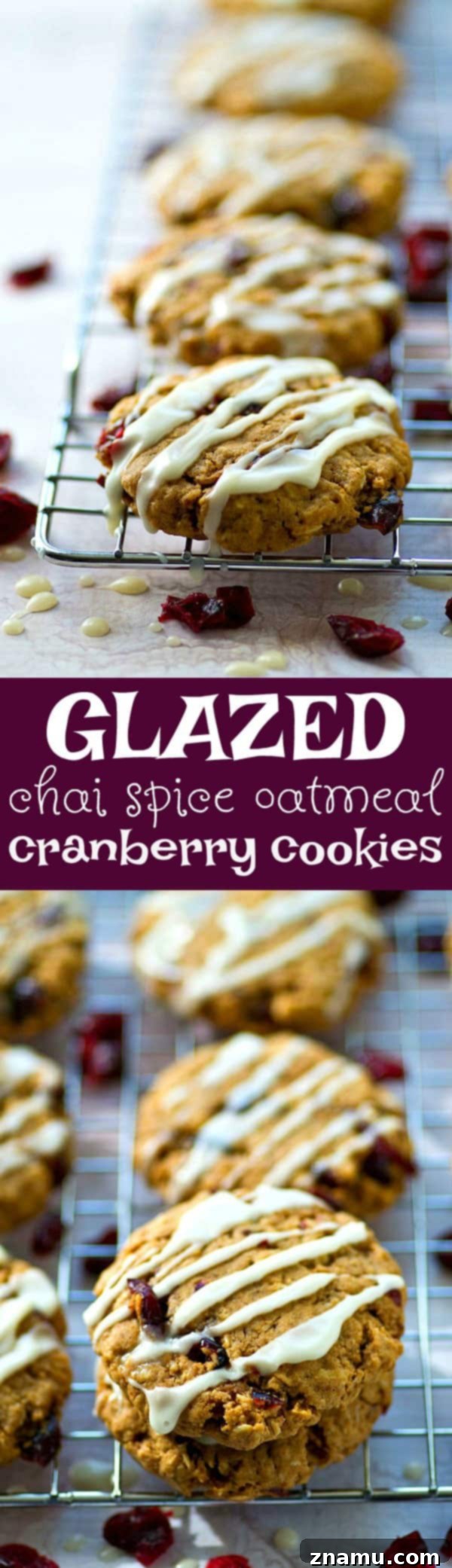 Chai Glazed Cranberry Oatmeal Cookies 6 A beautifully composed photo of Glazed Chai Spice Oatmeal Cranberry Cookies, emphasizing their visual appeal and delightful texture.