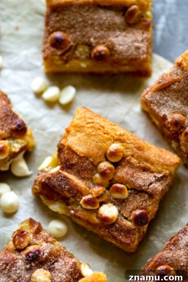 A close-up of a single Snickerdoodle Blondie bar, showing the chewy texture and white chocolate chips.