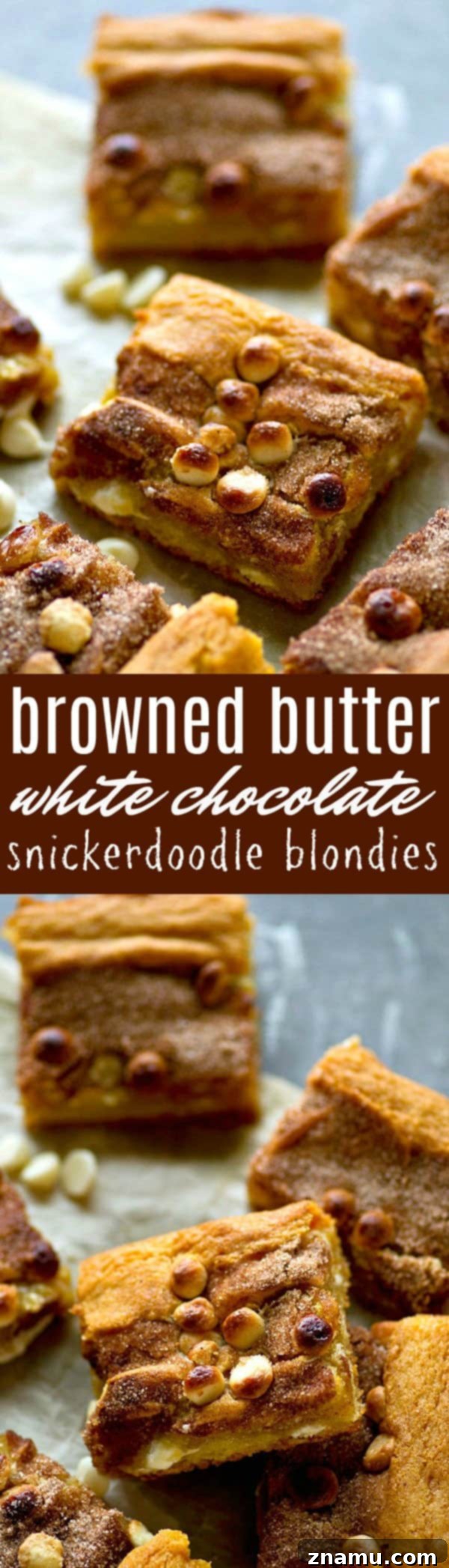 A tray of freshly baked Browned Butter White Chocolate Snickerdoodle Blondies, still in the pan.