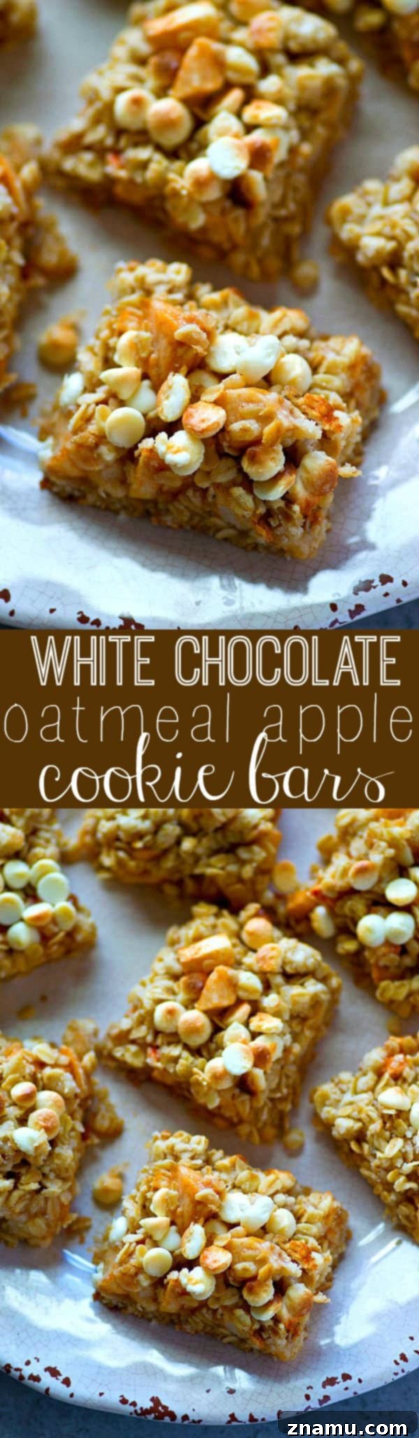 White Chocolate Apple Oatmeal Delights 6 White chocolate, oatmeal, and apples are a trio made in heaven in these streusel-covered cookie bars! So easy to make and you won't be able to stop eating them!