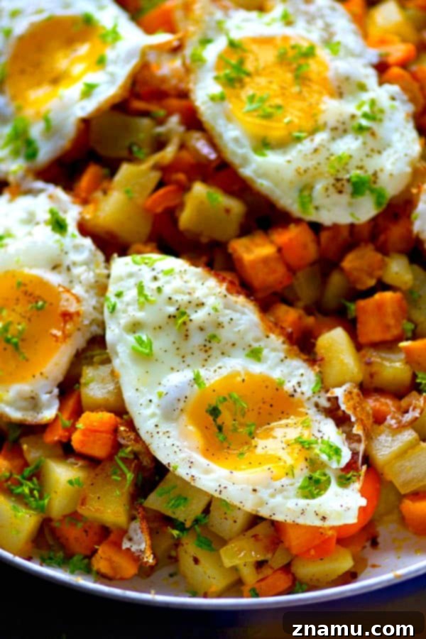 Vibrant Veggie Hash & Golden Yolks 4 Ingredients for rainbow vegetable hash laid out: diced potatoes, sweet potatoes, bell peppers, and onions.