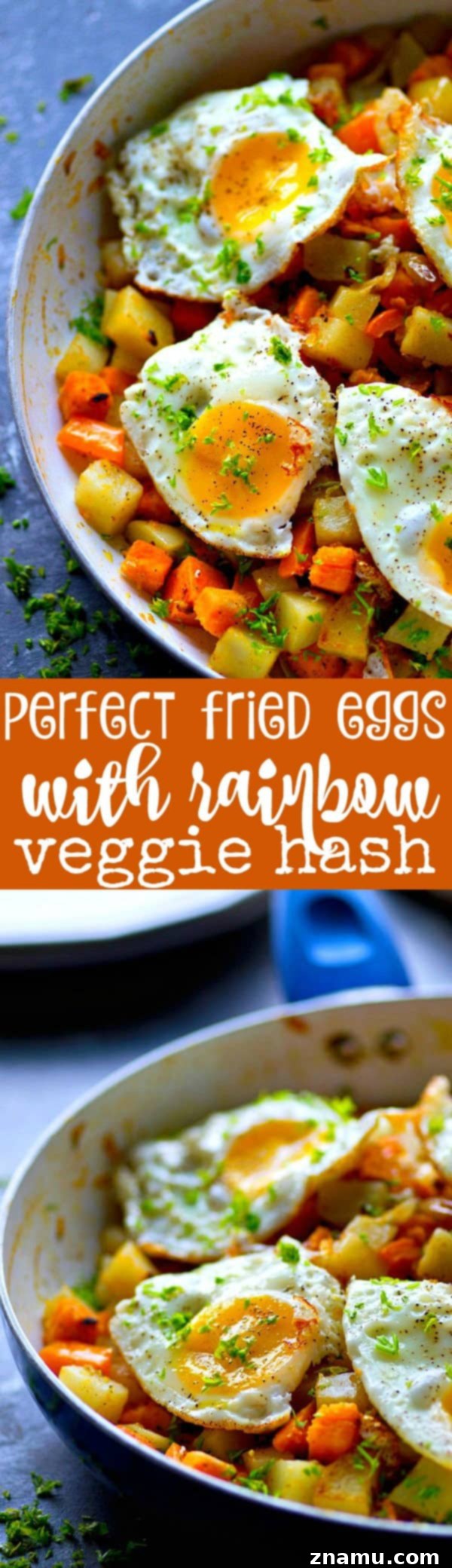 Vibrant Veggie Hash & Golden Yolks 6 Full spread of rainbow vegetable hash with fried eggs, garnished with greens and hot sauce on the side.