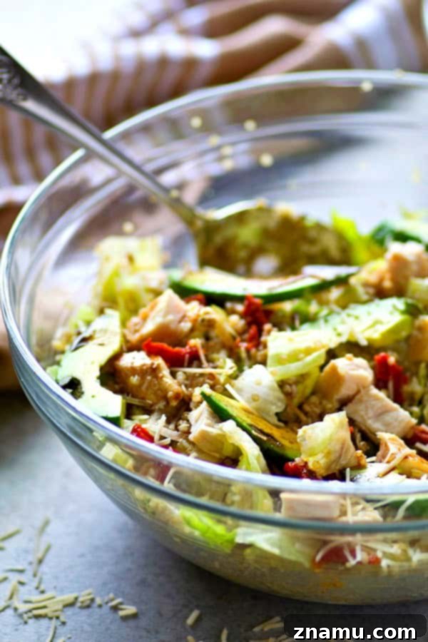 Balsamic Chicken Avocado Quinoa Medley 4 This beautiful quinoa salad is packed full of juicy chicken, soft sun-dried tomatoes, tons of avocado, and a flavorful balsamic dressing for the healthiest + prettiest salad you could ever dream of!