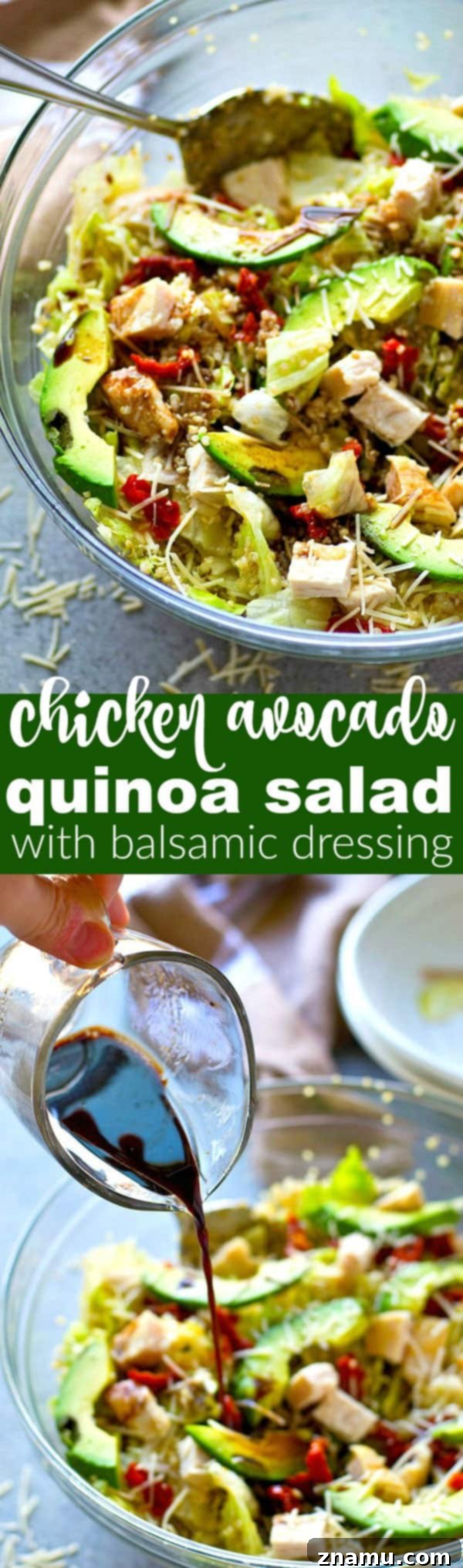 Balsamic Chicken Avocado Quinoa Medley 6 This beautiful quinoa salad is packed full of juicy chicken, soft sun-dried tomatoes, tons of avocado, and a flavorful balsamic dressing for the healthiest + prettiest salad you could ever dream of!