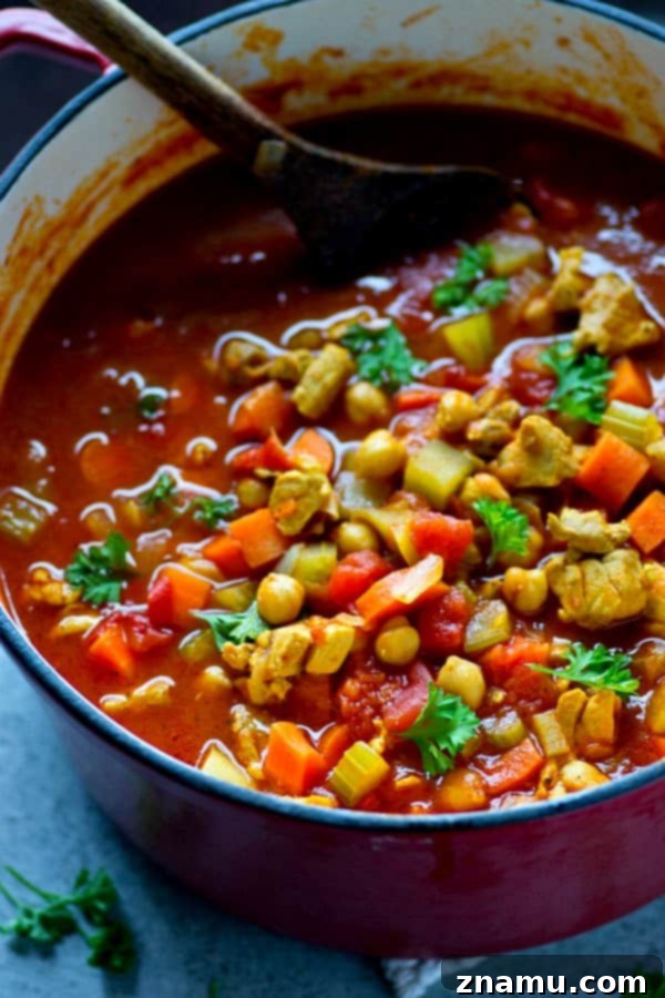 Exotic One-Pot Moroccan Chicken Chickpea Bliss 3 Packed with juicy chicken, tons of veggies and chickpeas, and cozy Moroccan spices, this one-pot Moroccan chicken chickpea soup is going to quickly become a dinner regular!