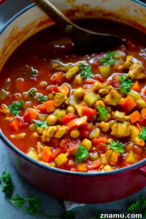 Exotic One-Pot Moroccan Chicken Chickpea Bliss 5 Packed with juicy chicken, tons of veggies and chickpeas, and cozy Moroccan spices, this one-pot Moroccan chicken chickpea soup is going to quickly become a dinner regular!