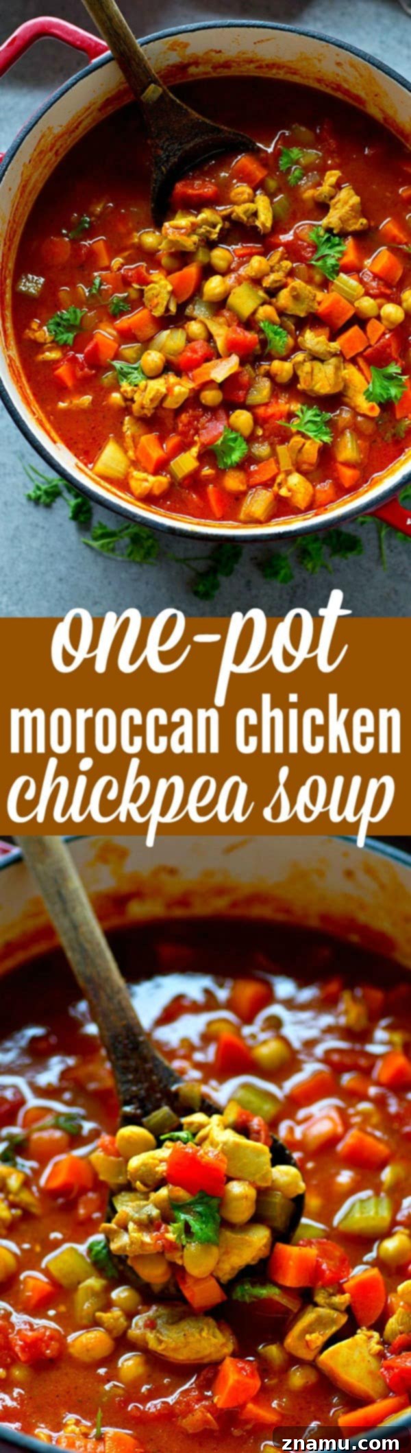 Exotic One-Pot Moroccan Chicken Chickpea Bliss 6 Packed with juicy chicken, tons of veggies and chickpeas, and cozy Moroccan spices, this one-pot Moroccan chicken chickpea soup is going to quickly become a dinner regular!