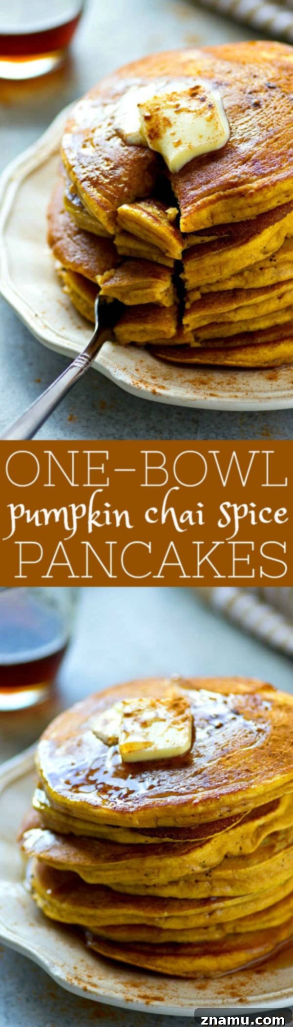 An appetizing overhead shot of a generous stack of pumpkin chai spice pancakes, adorned with butter and rich maple syrup.