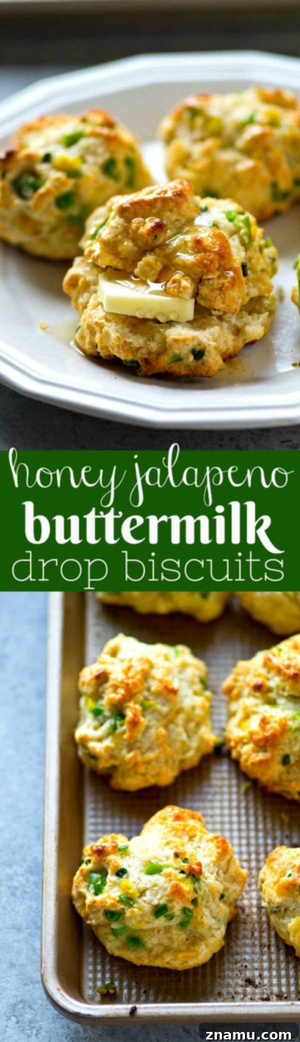 Sweet Heat Buttermilk Drop Biscuits 6 A stack of honey jalapeño buttermilk drop biscuits with butter and honey.