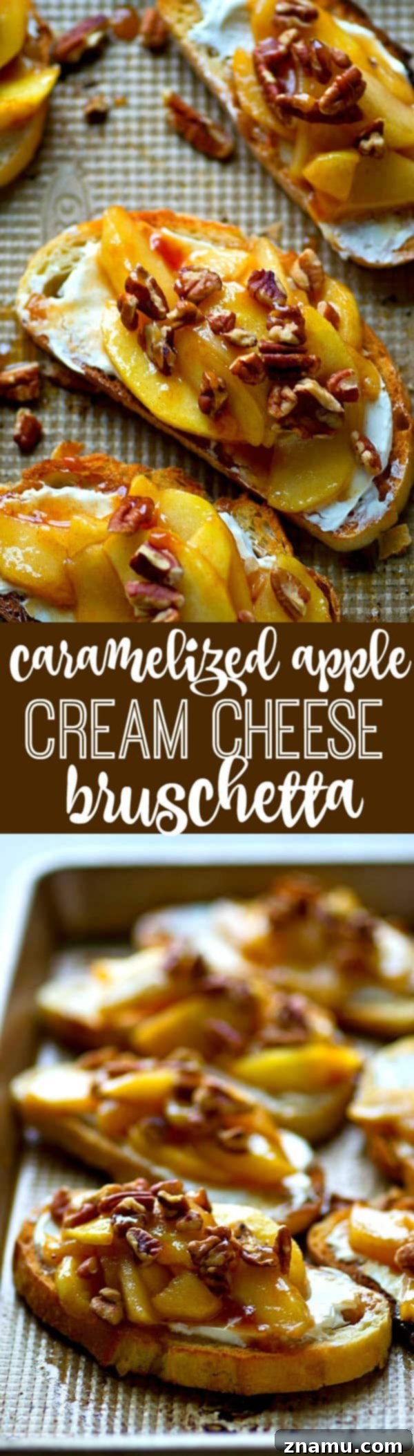 Caramel Apple Cream Cheese Crostini 6 Full spread of Caramelized Apple Cream Cheese Bruschetta, ready for serving, highlighting a generous portion.
